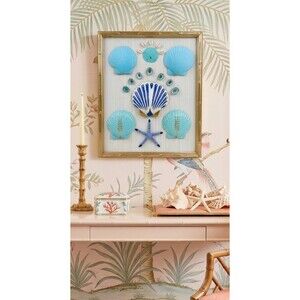 Palm Beach Regency Shell Art in Gold Faux Bamboo Frame Coastal Luxe Wall Decor
